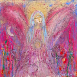"Guardian Angel of Prayers" 24x24, acrylic & mixed media, Original SOLD
(NOW available as print on paper or canvas, starting at $111; sizes begin at 8 x10. please contact Oonagh on her contact page for more details)