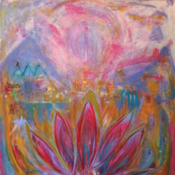 Morning Star & Lotus Meet on the Mesa, 55x49, Original SOLD
(NOW available as print on paper or canvas, starting at $111; sizes begin at 8 x10. please contact Oonagh on her contact page for more details)