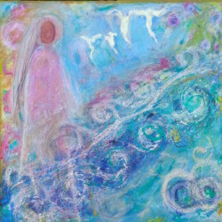 she walks between the worlds, 20x20, Original SOLD
(NOW available as print on paper or canvas, starting at $111; sizes begin at 8 x10. please contact Oonagh on her contact page for more details)