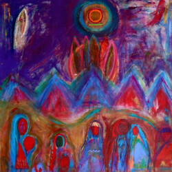 Great Grandmother Moriah Watches Over the Women with Feather, Mountain and Moon, 50X51, Original SOLD
(NOW available as print on paper or canvas, starting at $111; sizes begin at 8 x10. please contact Oonagh on her contact page for more details)