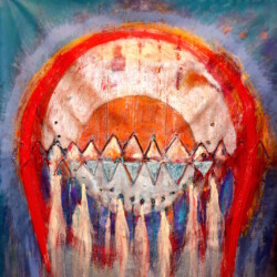 in the beginning, She dreams the drumbeat, 61x56, Original SOLD
(NOW available as print on paper or canvas, starting at $111; sizes begin at 8 x10. please contact Oonagh on her contact page for more details)